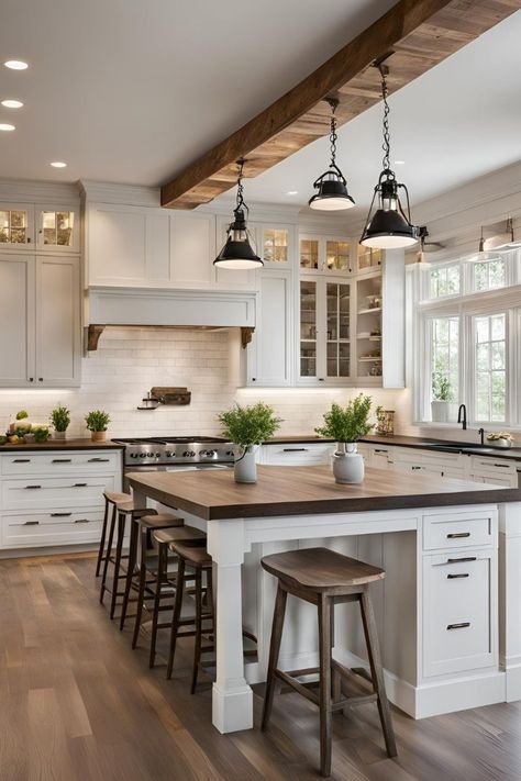 Timeless Modern Farmhouse Kitchen, Modern Farmhouse Kitchen Design Open Concept, Modern Ranch Home Interior, Vaulted Farmhouse Kitchen, Farmhouse Kitchen White Cabinets Wood Island, Kitchen Ideas For Barndominium, White Cabinets With Wood Accents, Modern Ranch Kitchen Ideas, Modern Farmhouse Beach House