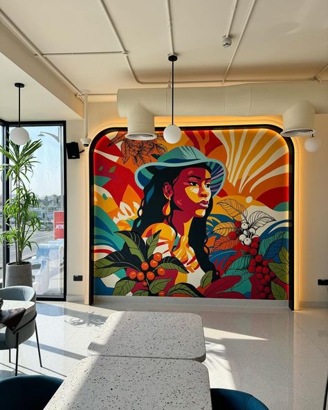 Introducing the newest mural painting at @juanvaldezcafe in Dubai! #ArtInDubai #ContemporaryArt #ColombianCulture #DubaiArtScene… | Instagram Mural Art Wall Painting, Mural In Restaurant, Wall Mural Inspiration, Restaurant Mural Design, Painted Wall Murals Inspiration, Cafe Mural Art, Instagramable Wall Ideas, Wall Painting Designs Creative, Cafe Painting Ideas