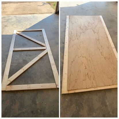 I had an idea for a simple barn door and wanted to see if I could build it myself. Measure and frame Measure doorway to get the measurements you need and use 1x4x8 boards to build frame. I used a staple gun to connect the boards and a miter saw for any cuts. Add back of door Finish framing door and add back. I used 4x8 foot 1/4 inch panel board and cut to needed size. I used staple gun to attach back. Paint and finish Paint/stain the door to your preference, you may decide to add bo… 4x8 Barn Door, Simple Barn Door, Diy Barn Door Cheap, Faux Marble Countertop, Barn Door Hinges, Building A Door, Building A Barn Door, Make A Door, Small Barn