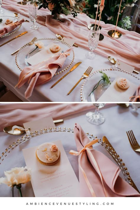 Blush Plates Wedding, Pink And Beige Table Setting, Shades Of Pink Table Setting, Pink Charger Plates Place Settings, Pink Charger Plates, Pink Table Setting Ideas, Gold Beaded Charger Plates Wedding, Wedding Table Napkin Ideas, Pink Plates Table Setting