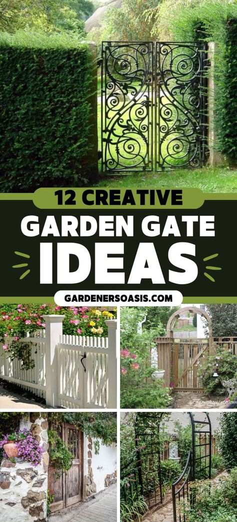 12 Creative Garden Gate Ideas Backyard Fence Gates Entrance, Iron Garden Gates Ideas, Garden Entrance Design, Garden Gate Ideas, Building A Gate, Picket Gate, Old Garden Tools, Wrought Iron Garden Gates, Front Yard Landscape