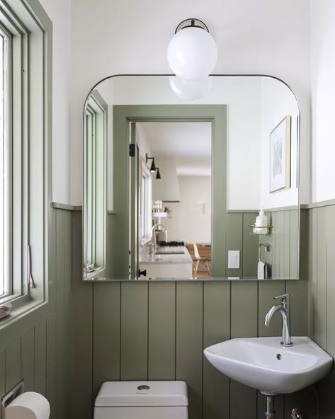 16 Small Bathroom Ideas Green Bathroom Colors, Green Tile Backsplash, Baxter Design, Arch Wall Mirror, Green Bathroom Decor, Arch Wall, Glass Shower Enclosures, Washroom Design, Powder Room Design