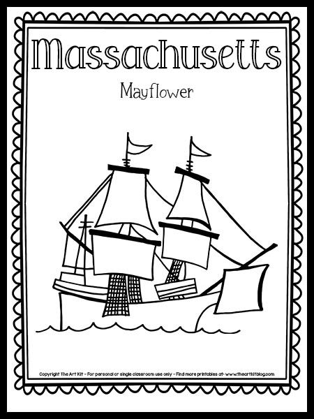 Massachusetts Mayflower Coloring Page {FREE Printable!} - The Art Kit Massachusetts Coloring Pages, State Project, Stamp Drawing, Plymouth Massachusetts, Social Studies Unit, Coloring Page Free Printable, The 50 States, State Symbols, State Birds