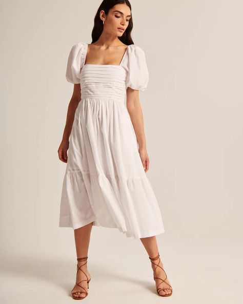 Women's Ruched Puff Sleeve Poplin Midi Dress | Women's Sale | Abercrombie.com White Puff Sleeve Dress, White Satin Dress, White Floral Midi Dress, Puff Sleeve Midi Dress, Abercrombie And Fitch Dresses, Black Linen Dress, Puff Dress, Black Knit Dress, Strapless Midi Dress