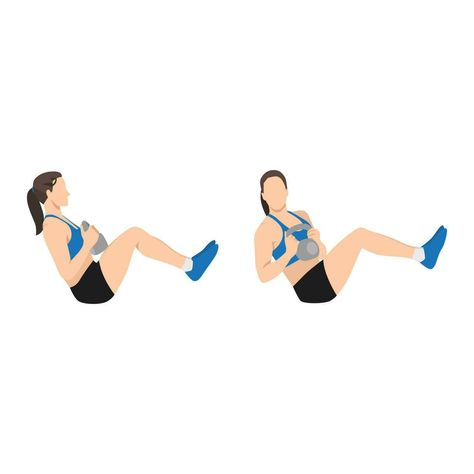 Woman doing Kettlebell Russian twist exercise. Flat vector illustration isolated on white background. workout character set Russian Twist Exercise, Exercise Illustration, Clean Life, Quick Workout Routine, Flat Vector Illustration, Russian Twist, Flat Vector, Workout Guide, Quick Workout