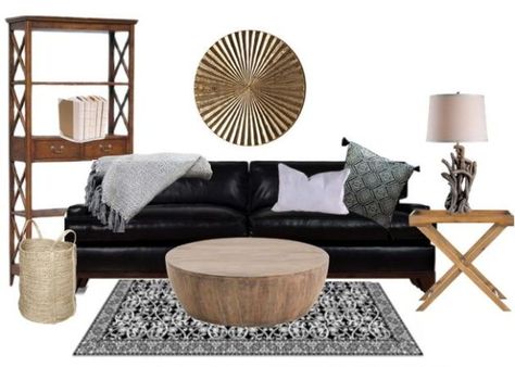 Black Leather Sofas Living Room Ideas, Black Leather Furniture Decor Ideas, Styling A Black Leather Couch, Interior Design Black Leather Couch, Styling Black Leather Couch, Black Leather Sectional Decor Ideas, Black Couch Styling, Black Lounge Styling Living Rooms, Living Room With Black Leather Couch