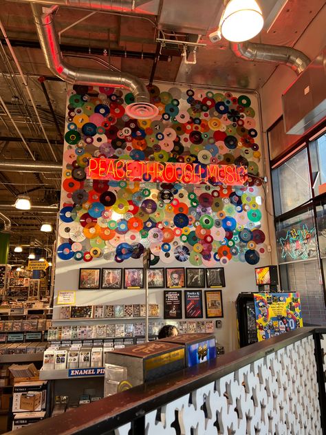 1970s Record Store, 70s Store Aesthetic, Hippy Cafe Coffee Shop, Record Shop Interior, Retro Store Aesthetic, Retro Record Store, Record Store Coffee Shop, Record Store Decor, Retro Shop Interior