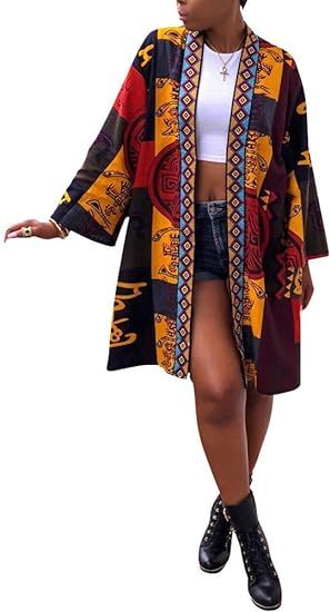 Amazon.com: Women's Casual African Geometric Patterns Print Long Sleeve Open Front Long Blouse Loose Tops Outwear Jacket Coat Multicolor : Clothing, Shoes & Jewelry African Clothing Styles Woman, African Print Tops, Mode Kimono, African Print Clothing, Mode Boho, African Inspired Fashion, African Print Fashion Dresses, African Clothing Styles, Latest African Fashion Dresses