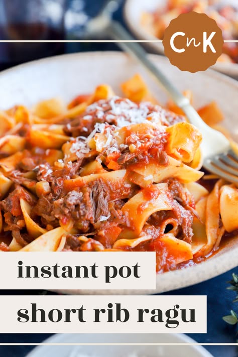 Instant Pot Short Rib Ragu is ready in just one hour and it’s so easy to make! With simple ingredients and tender beef, the rich and flavorful sauce is truly the perfect winter meal. Serve it on pasta, mashed potatoes, gnocchi, and more. Mashed Potatoes Gnocchi, Instant Pot Bolognese Sauce, Instant Pot Bolognese, Short Rib Ragu, Beef Bolognese, Family Dinner Recipe, Beef Ragu, Ragu Recipe, Pappardelle Pasta