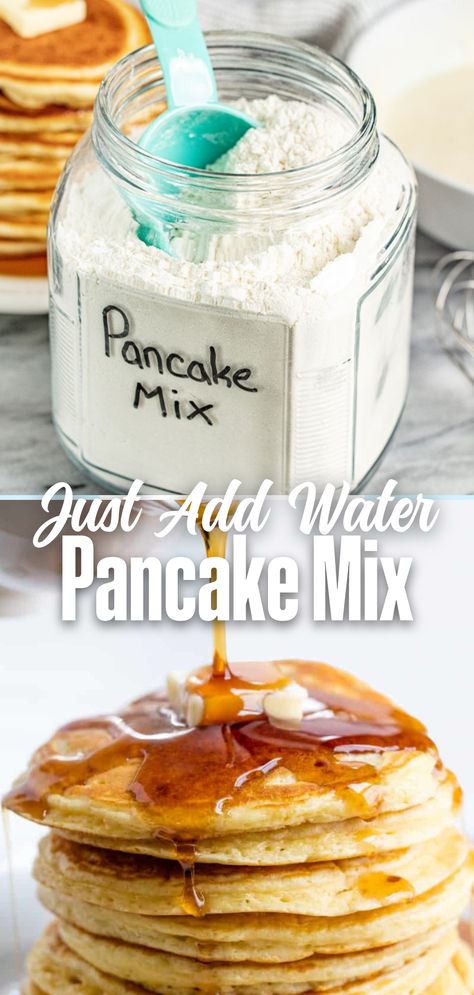 Make your pancake mornings easier and more budget-friendly with this amazing homemade pancake mix! No fresh or refrigerated ingredients are required so this is perfect for camping trips, traveling, emergency preparedness, or even for kids to make easy breakfasts. With a shelf life of up to 6 weeks and easy-to-follow instructions, you'll have perfect pancakes in no time. Homemade Pancake Mix Recipe No Egg, Pancake Mix Recipe Without Eggs, Pre Made Pancake Mix Recipe, Home Made Pancake Batter, Pancakes From Cake Mix Boxes, Cake Mix Pancakes Recipe, Make Ahead Pancake Mix Recipe, Premade Pancake Mix Recipes, Diy Pancake Mix Easy Just Add Water