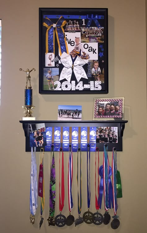 Shelves For Pageant Crowns, Cheer Uniform Display Ideas, Cheer Trophy Display Ideas, Cheer Shadow Box Ideas Gifts, Gymnastics Shadow Box Ideas, Cheerleading Medal Display Ideas, Cheerleading Shadow Box Ideas, Cheer Bow Shadow Box Ideas, Cheer Award Display Ideas