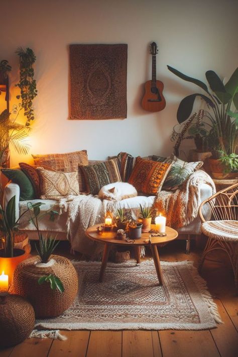 The living room of a plant and music lover: This image shows us how you can create a personalized space with plants 🌿 and music 🎶. The living room is full of hanging and potted plants, which add life and freshness to the environment 🍃. There is also a guitar 🎸 on the coffee table, indicating that the owner of the house enjoys playing this instrument 🎵. The beige sofa is the perfect place to rest and admire the painting on the wall 🖼️. Earthy Music Room, Boho Music Living Room, Instruments In Living Room, Cozy Plant Living Room, Guitars On Wall Living Room, Hippy Living Room, Boho Music Room, Cozy Boho Living Room Inspiration, Bohemian Office Space