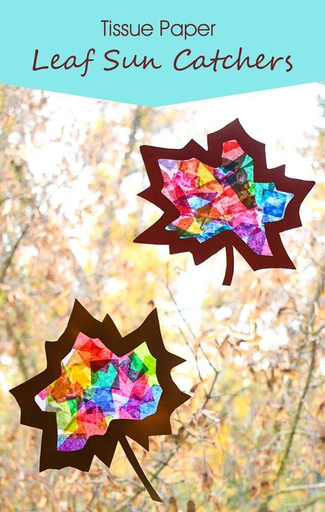 It’s easy to make DIY tissue paper leaf sun catchers! Seasonal crafts are a fun way to get the kids involved in making some colorful decorations for our home. These stained glass tissue paper leaf sun catchers are cheerful and easy to make with card stock and strips of tissue paper. Sun Catchers Diy Tissue Paper, Stained Glass Art Tissue Paper, Leaf Sun Catcher Craft, Crafts With Cellophane, Stained Glass Art Preschool, Leaf Tissue Paper Craft, Preschool Sun Catchers, Tissue Paper Sun Catcher Wax Paper, Tissue Paper Preschool Crafts