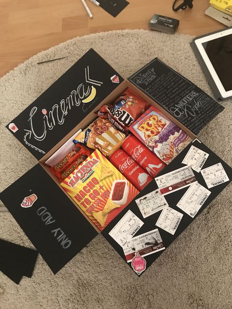 Selfmade Movie Box including some sweets, coke, a list of disney films and a personal letter 🍿🎬 Selfmade Gifts, Movies Box, Disney Films, Personalized Gifts, Favorite Movies, Birthday Gifts, Gift Ideas, Collage, Disney