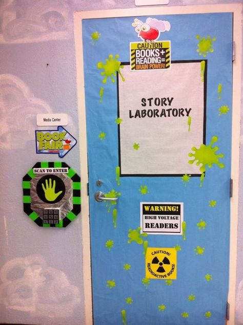 Story Laboratory library door Science Classroom Door, Science Door Decorations, Laboratory Classroom, Science Decorations, Science Lab Decorations, Library Door, Classroom Door Decorations, Science Experience, Mad Scientist Party