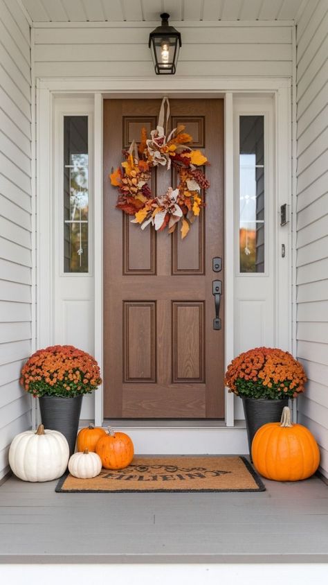 Front Step Pumpkin Decor, Front House Fall Decor, Thanksgiving Fall Front Door Decor Ideas, Front Porch Pumpkins Display Simple, Front Door Thanksgiving Decor Ideas, Small Front Door Fall Decor Ideas, Diy Fall Front Door Decor, Simple Fall Decor Front Doors, Door Fall Decor Ideas