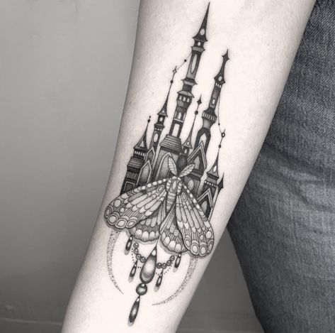 Castle Silhouette Tattoo, Castle Silhouette, Castle Tattoo, Silhouette Tattoos, Fantasy Castle, Tattoo Tattoo, Rose Tattoos, Color Tattoo, Future Tattoos