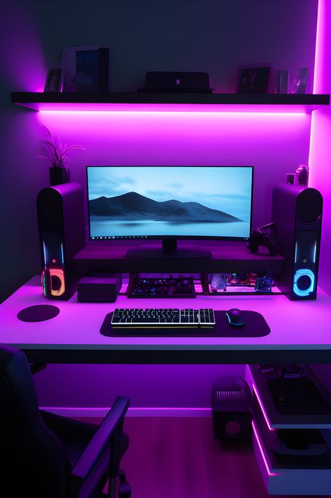 Desk setup with pink neon light Gaming Setup Color Schemes, Desk Rgb Lighting, Neon Desk Setup, Desk Setup Clean, Rgb Desk Setup, Neon Light Bedroom Aesthetic, Neon Lights Office, Neon Workspace, Light Desk Setup