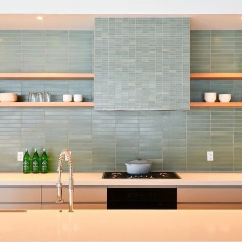 Cathy & Robin at Heath on Instagram: “A 👌 tiled vent hood on @tilemakestheroom, with plenty 1x3s and 2x12s in Ogawa Green to delight the eye. Design: @marcusgleysteenarchitects” Tile Hood, Townhome Kitchen, Heath Ceramics Tile, Heath Tile, Lake Kitchen, Hood Vent, Kitchen Hood, Heath Ceramics, Splashback Tiles