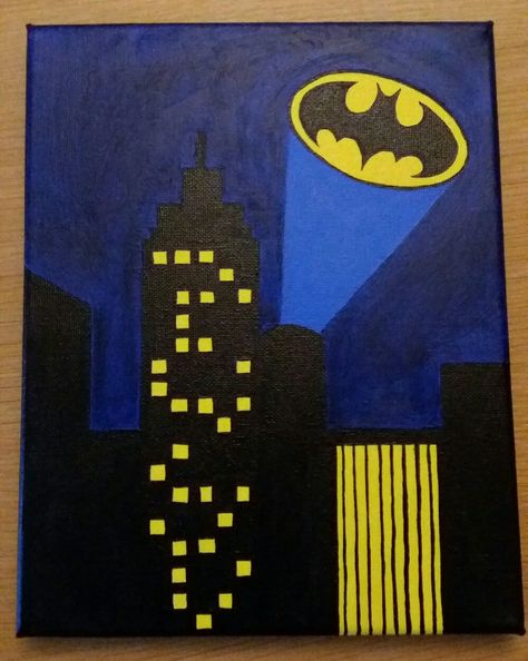 Dc Painting Ideas, Batman Logo Painting, Batman Hoco Poster, Batman Paintings On Canvas, Batman Parking Spot Painting, Batman Parking Spot, Superhero Painting Canvas Easy, Batman Senior Parking Spot, 4 Square Painting Ideas