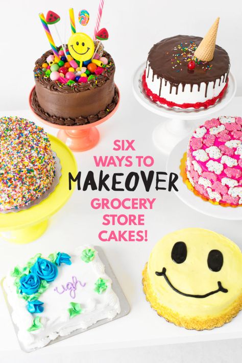 Six Ways to Makeover A Grocery Store Cake | studiodiy.com Grocery Store Cake, Cake Hacks, Studio Diy, Savory Cakes, Glow Up?, Grocery Store, Appetizer, Smiley, Sprinkles