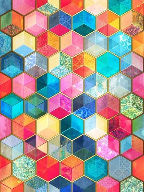 Crystal Bohemian Honeycomb Cubes - colorful hexagon pattern by micklyn Karakter Disney, Colors And Patterns, Bohemian Colors, Hexagon Pattern, Pattern Iphone Case, Pattern Iphone, Pics Art, Design Floral, Tile Patterns