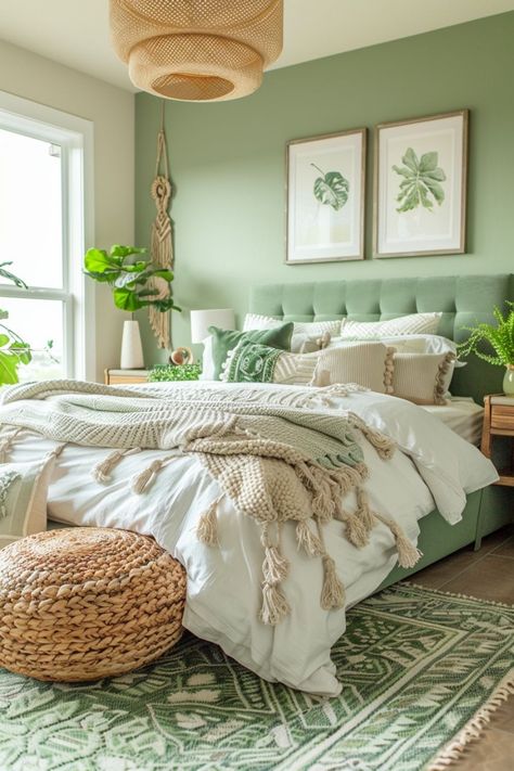 29 Green Boho Bedroom Ideas - My Elegant Home Sage Bohemian Bedroom, Botanical Green Bedroom, Green Bedding Boho, Green Bedroom Wall Ideas, Wicker And Green Bedroom, Boho Room Green Bedding, Green Bohemian Bedroom Accent Wall, Boho Bedroom Green, Green And White Bedroom Ideas