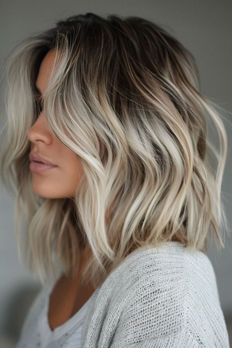 Highlights With Balayage Blonde, Short Blonde Lob Textured Bob, Transitioning From Dark To Light Hair, Dark Root Blonde Bob, Brown Hair With Blonde Highlights Shoulder Length Hair, Blond Bob With Dark Roots, Short Rooty Blonde Hair, Blond Balayage Lob, Blonde Lob Dark Roots