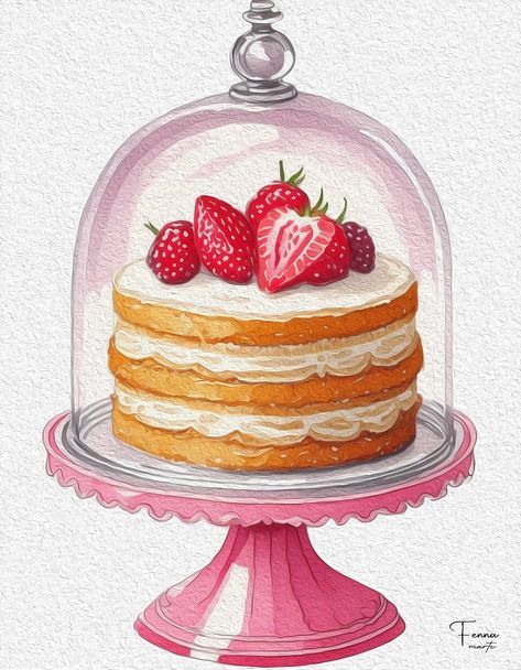 Food Drawing Strawberry, Aesthetic Cake Painting, Strawberry Food Drawing, Strawberry Shortcake Drawing Food, Strawberry Desserts Drawing, Cake Icon Aesthetic, Cake Drawing Reference, Cute Food Paintings, Cake Sketch Drawings