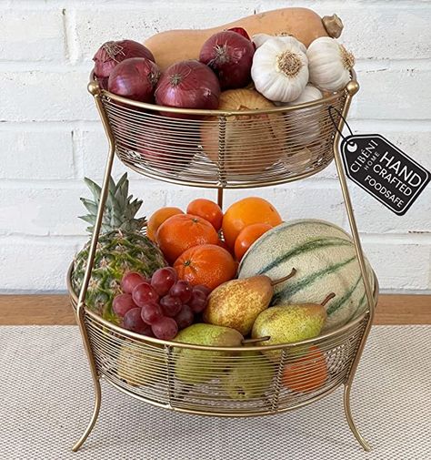 Fruit Stand Kitchen Counter, Fruit Bowl Kitchen Display, Countertop Fruit Storage, 2 Tier Fruit Basket, Fruit Basket Stand, Tiered Basket Stand, Kitchen Countertop Storage, Fruit Bowl Display, Gold Fruit