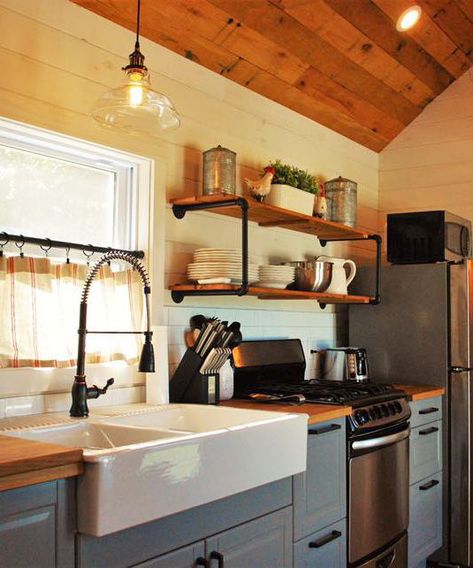 Kitchen Sink Decor Ideas, Cabin Colors, Diy Open Shelving, Land Ideas, Kitchen Sink Decor, Cabin Remodel, Cabin Kitchen, Galvanized Pipe, Pretty Kitchen