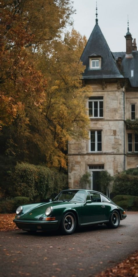 Old Money Porsche Wallpaper, Green Porche Car Wallpaper, Vintage Green Porsche, Fall Cars Wallpaper, Green Porsche Cayenne, Old Money Cars Wallpaper, Olive Green Cars, Old Porsche Wallpaper, Retro Cars Aesthetic