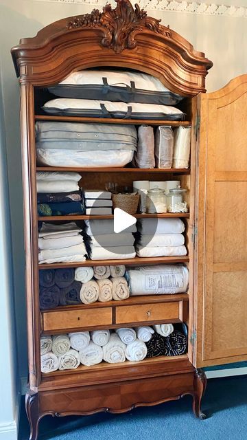 JEN CONNELL | Interiors & Lifestyle on Instagram: "How I organised my linen cabinet! We don’t have a traditional hot press so we picked up this antique French armoire to store all our bed linen, towels and toiletry backstock. Now I just need to find some labels for each shelf. What do you think? ❤️

#linencloset #linen #organisation #mariekondo #antique #armoire #irish #georgianhouse #georgianarchitecture #georgian #historic #historichomes #interior #interiordesign #interiør #interiör #interiorstyling #interiordecor #decor #décor #apartmenttherapy #vogue #vogueliving #elledecor #houseandhome #homedecor #homesweethome #home #homedecoration #house" Antique Linen Cabinet, Linen Press Cupboard, French Wardrobe Furniture, Linen Organisation, Bathroom Armoire, Antique French Bedroom, Armoire Repurpose, Bedroom Wardrobe Ideas, Wooden Armoire