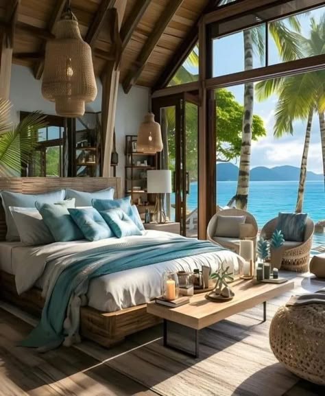 Tropical Beach House Interior, Island Home Interior, Bedroom By The Sea, Island Bedroom Decor, Sea View Bedroom, Beach House Room, Island Beach House, Beachfront House, Dream Beach Houses