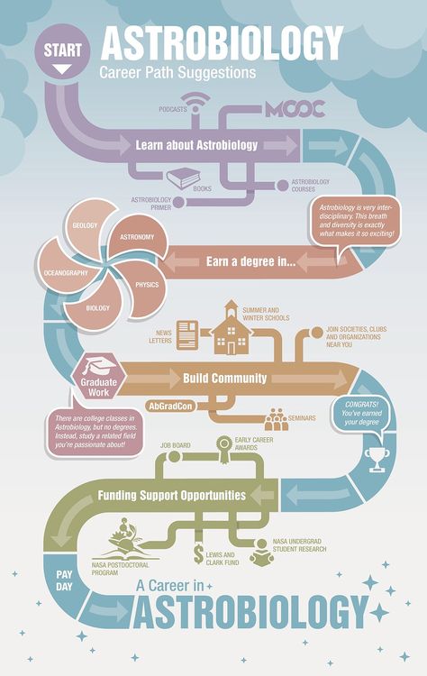 NASA Astrobiology Career Path Graphic on Behance Nasa Career Aesthetic, Career Paths Ideas, Astronomy Career, Astrobiology Aesthetic, Careers In Astronomy, Road Infographic, Path Illustration, Science Careers, Information About Space