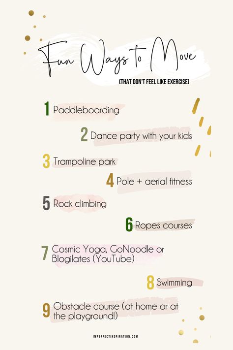 Sometimes "exercise" sounds like hard work, but "movement" can be anything fun that gets you up and active. Check out this list for some creative ways to move your body and get that hit of dopamine. Intuitive Exercise, Fun Ways To Exercise, Joyful Movement, Ways To Exercise, Ropes Course, Get Active, Trampoline Park, Obstacle Course, Move Your Body