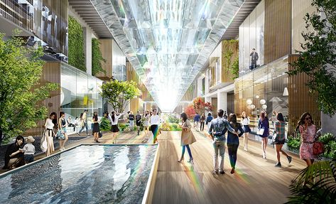 the program includes a multi-modal hub, railway station, urban park, and commercial complex, requiring large-scale underground intervention in the city. Mall Interior, Commercial Complex, Mall Design, Commercial Street, 3d Architectural Visualization, Centre Commercial, Architectural Visualization, Urban Park, Harbin