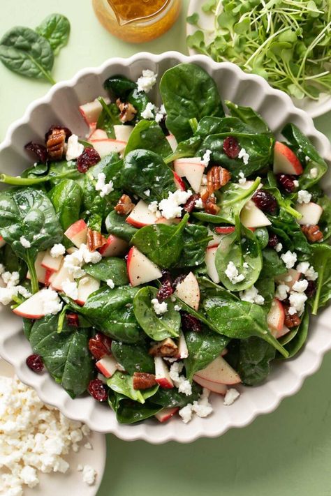 Apple Spinach Salad with Candied Pecans and Feta Apple And Spinach Salad, Spinach Apple Bacon Salad, Spinach Apple Feta Salad, Apple And Lettuce Salad, Spinach Dijon Salad, Spinach Based Salad, Apple Feta Spinach Salad, Easy Spinach Salad Recipes, Greek Spinach Salad