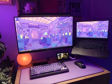 Gaming Laptop Setup Aesthetic, Laptop Monitor Setup Ideas, Gaming Room Setup Laptop, Gaming Setup Laptop And Monitor, Simple Laptop Setup, Laptop Pc Setup, Laptop Monitor Setup, Laptop And Monitor Desk Setup, Gaming Laptop Setup