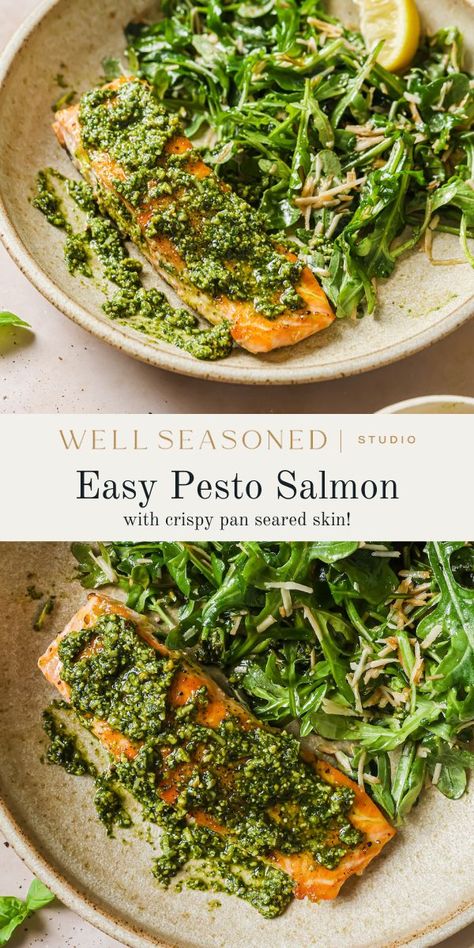 Grilled Pesto Salmon Recipes, Pesto Salmon Recipes, Df Dinner, Paleo Bites, Salmon Pesto Pasta, Salmon With Pesto, Pesto Salmon Recipe, Salmon Pesto, Ramp Pesto