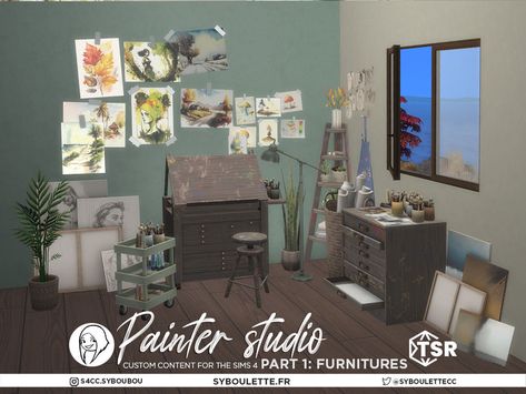 The Sims Resource - Painter studio - Part 1: Furnitures Sims 4 Cc Art, Painter Studio, Painters Studio, Glass Elevator, Drawing Table, Small Closets, Sims 4 Cc Furniture, Small Shelves, Sims 4 Build