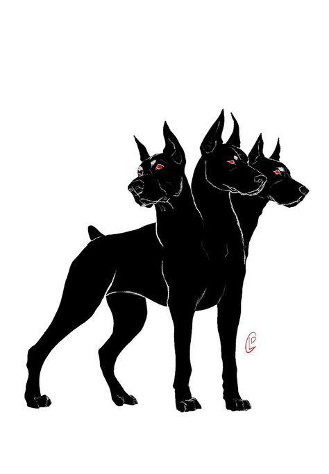 Cerberus Art Drawings, Two Headed Animal Art, Cerebus Dog Art, Cerebus Dog Drawing, Cerberus Art Cute, Three Headed Dog Tattoo Greek Mythology, Cerberus And Hades, Cerberus Line Art, Persephone And Cerberus Tattoo