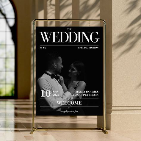 Magazine Editorial Newspaper Wedding Welcome Sign Wedding Photo Stand Ideas, Wedding Picture Sign, Wedding Welcome Sign Photo, Unique Welcome Signs Wedding, Welcome Space Wedding, Unique Welcome Signs, Old Hollywood Wedding Theme, Unique Wedding Welcome Sign, Editorial Newspaper