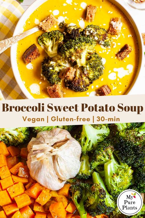 Potato And Broccoli Soup, Veggies In The Oven, Sweet Potato And Broccoli, Broccoli Sweet Potato, Potato And Broccoli, Savory Sweet Potato, Sweet Potato Soup Vegan, Veggie Soup Recipes, Broccoli Potato Soup