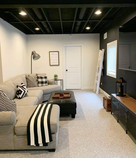 Low Basement Ceiling Ideas, Low Basement Ceiling, Low Basement, Exposed Basement Ceiling, Basement Ceiling Ideas, Low Ceiling Basement, Basement Decoration, Small Basement Remodel, Basement Lighting