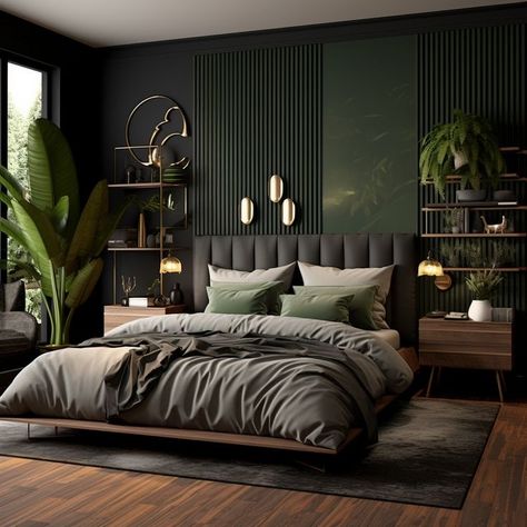 Green Wood Bedroom Ideas, Bedroom Interior Dark Wood, Black And Green Modern Bedroom, Green Room With Black Accent Wall, Modern Dark Green Bedroom, Black And Natural Wood Decor Bedroom, Olive Black Bedroom, Black And Wood Room Aesthetic, Dark And Wood Bedroom