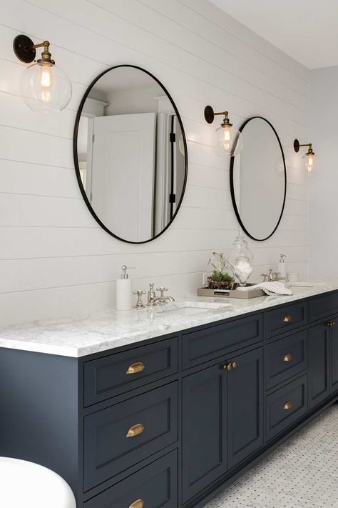 Bathroom Vanity Round Mirrors, Black Circle Mirror Bathroom Double Vanity, Round Mirrors In Bathroom Double, Vanity With Large Round Mirror, 3 Round Mirrors Over Bathroom Vanity, Height Of Round Bathroom Mirror, Dark Blue Cabinets, Bathroom Renovation Diy, Navy Blue Bathrooms