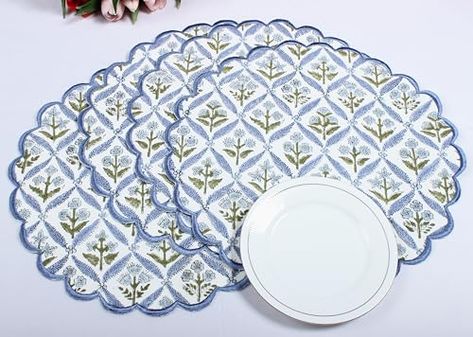 Ridhi Bo-ho Round Place Mat Easter Floral Cotton Washable Placemats 15" Round Embroidery Block Print Table Mat (Pack of 4-15 Inch Round, Light Steel Blue) Easter Tables, Regular Meals, Round Embroidery, Dining Table Placemats, Round Placemat, Light Steel Blue, Easter Floral, Round Light, Wedding Parties