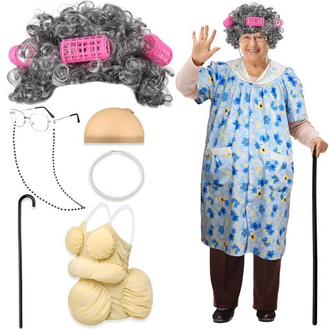 PRICES MAY VARY. Cotton,Polyester Old Lady Dress up Costume Set: you will get 1 piece of women front closure housedress printed with flowers, 1 piece of adult fat suit, 1 piece of granny wig with 4 pieces of curlers, 1 grandma wig cap, 1 pair of granny glasses, 1 eyeglass chain, 1 granny faux pearl beads necklace and 1 adjustable crutch, 8 pieces of items in total, enough to play the role of an old lady at a party, suitable for cosplay, saving your time and energy in matching Cute Housedress: th Grandma Wig, Granny Wig, Old Lady Dress, Granny Glasses, Grandma Dress, Granny Dress, Old Lady Costume, Pearl Beads Necklace, Up Costume