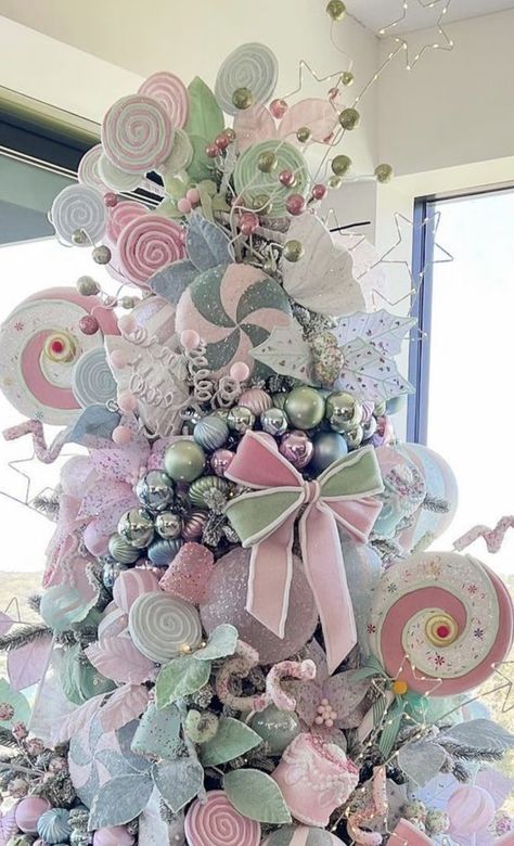 Gradient Christmas Tree, Pastel Colors Christmas Tree, Christmas Decor Ideas Pastel Colors, Pastel Candyland Christmas Tree, Pastel Gingerbread Christmas Tree, Sugarplum Christmas Tree, Pink Tree Ideas, Pastel Pink Christmas Tree, Candy Decorated Christmas Tree